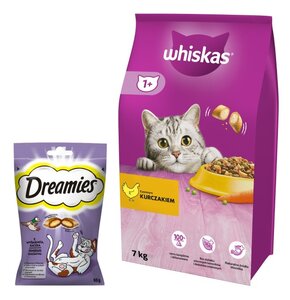 Karma dla kota WHISKAS Kurczak 7 kg + Przysmak dla kota DREAMIES Kaczka 60 g