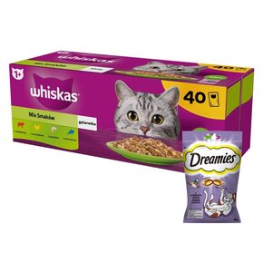 Karma dla kota WHISKAS Mix Smaków (40 x 85 g) + Przysmak dla kota DREAMIES Kaczka 60 g