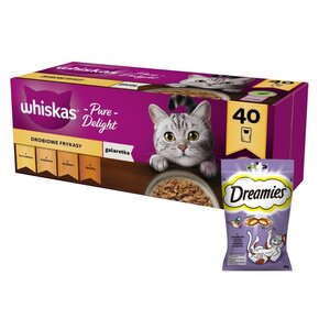 Karma dla kota WHISKAS Drobiowe smaki (40 x 85 g) + Przysmak dla kota DREAMIES Kaczka 60 g