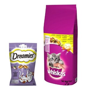 Karma dla kota WHISKAS Junior Kurczak 14 kg + Przysmak dla kota DREAMIES Kaczka 60 g