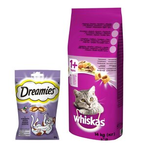 Karma dla kota WHISKAS Wołowina 14 kg + Przysmak dla kota DREAMIES Kaczka 60 g