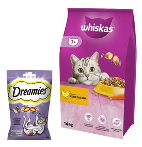 Karma dla kota WHISKAS Kurczak 14 kg + Przysmak dla kota DREAMIES Kaczka 60 g