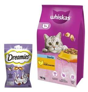 Karma dla kota WHISKAS Sterile Kurczak 14 kg + Przysmak dla kota DREAMIES Kaczka 60 g