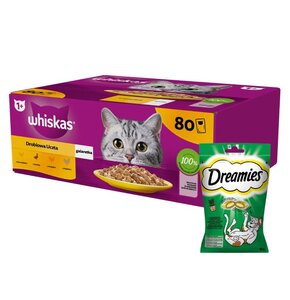 Karma dla kota WHISKAS Drobiowe smaki (80 x 85 g) + Przysmak dla kota DREAMIES z Nutą Kocimiętki 60 g