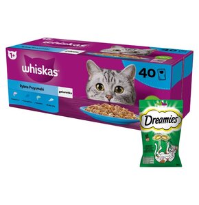 Karma dla kota WHISKAS Rybne Przysmaki (40 x 85 g) + Przysmak dla kota DREAMIES z Nutą Kocimiętki 60 g