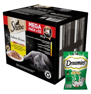 Karma dla kota SHEBA Select Slices Drobiowe smaki (32 x 85 g) + Przysmak dla kota DREAMIES z Nutą Kocimiętki 60 g
