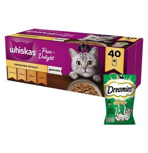 Karma dla kota WHISKAS Drobiowe smaki (40 x 85 g) + Przysmak dla kota DREAMIES z Nutą Kocimiętki 60 g