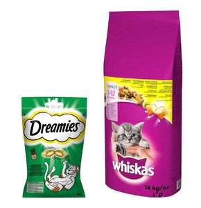 Karma dla kota WHISKAS Junior Kurczak 14 kg + Przysmak dla kota DREAMIES z Nutą Kocimiętki 60 g