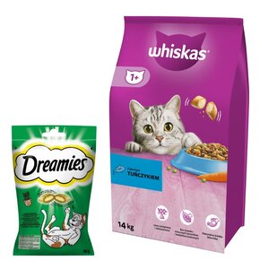 Karma dla kota WHISKAS Tuńczyk z warzywami 14 kg + Przysmak dla kota DREAMIES z Nutą Kocimiętki 60 g