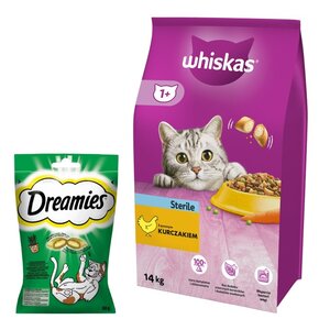 Karma dla kota WHISKAS Sterile Kurczak 14 kg + Przysmak dla kota DREAMIES z Nutą Kocimiętki 60 g