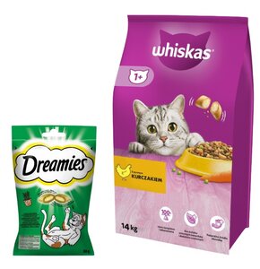 Karma dla kota WHISKAS Kurczak 14 kg + Przysmak dla kota DREAMIES z Nutą Kocimiętki 60 g