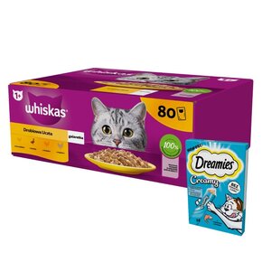 Karma dla kota WHISKAS Drobiowe smaki (80 x 85 g) + Przysmak dla kota DREAMIES Creamy Łosoś (4 x 10 g)