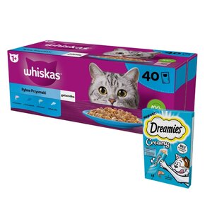 Karma dla kota WHISKAS Rybne Przysmaki (40 x 85 g) + Przysmak dla kota DREAMIES Creamy Łosoś (4 x 10 g)
