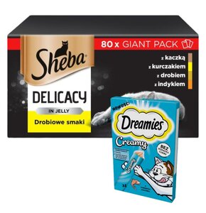 Karma dla kota SHEBA Drobiowe smaki (80 x 85 g) + Przysmak dla kota DREAMIES Creamy Łosoś (4 x 10 g)