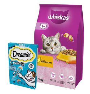 Karma dla kota WHISKAS Kurczak 7 kg + Przysmak dla kota DREAMIES Creamy Łosoś (4 x 10 g)