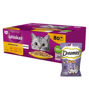 Karma dla kota WHISKAS Drobiowe smaki (80 x 85 g) + Przysmak dla kota DREAMIES Kaczka 60 g