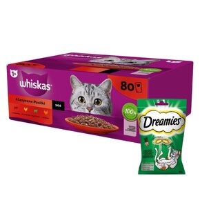 Karma dla kota WHISKAS Mix smaków (80 x 85 g) + Przysmak dla kota DREAMIES z Nutą Kocimiętki 60 g