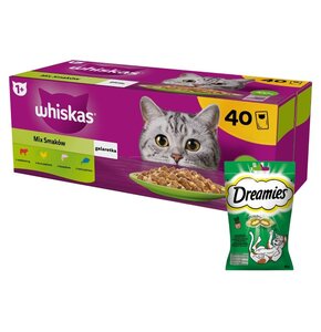 Karma dla kota WHISKAS Mix Smaków (40 x 85 g) + Przysmak dla kota DREAMIES z Nutą Kocimiętki 60 g