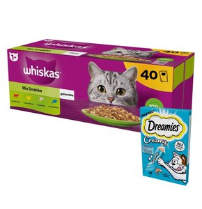 Karma dla kota WHISKAS Mix Smaków (40 x 85 g) + Przysmak dla kota DREAMIES Creamy Łosoś (4 x 10 g)
