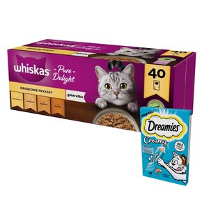 Karma dla kota WHISKAS Drobiowe smaki (40 x 85 g) + Przysmak dla kota DREAMIES Creamy Łosoś (4 x 10 g)