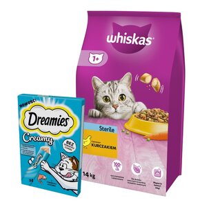 Karma dla kota WHISKAS Sterile Kurczak 14 kg + Przysmak dla kota DREAMIES Creamy Łosoś (4 x 10 g)
