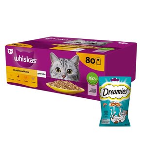 Karma dla kota WHISKAS Drobiowe smaki (80 x 85 g) + Przysmak dla kota DREAMIES Łosoś 60 g