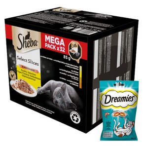 Karma dla kota SHEBA Select Slices Drobiowe smaki (32 x 85 g) + Przysmak dla kota DREAMIES Łosoś 60 g