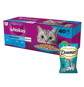 Karma dla kota WHISKAS Rybne Przysmaki (40 x 85 g) + Przysmak dla kota DREAMIES Łosoś 60 g