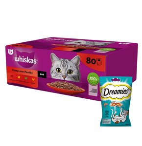 Karma dla kota WHISKAS Mix smaków (80 x 85 g) + Przysmak dla kota DREAMIES Łosoś 60 g