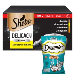 Karma dla kota SHEBA Drobiowe smaki (80 x 85 g) + Przysmak dla kota DREAMIES Łosoś 60 g