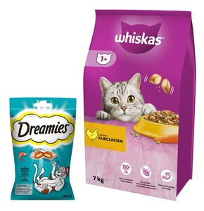 Karma dla kota WHISKAS Kurczak 7 kg + Przysmak dla kota DREAMIES Łosoś 60 g