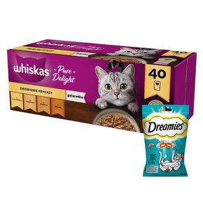 Karma dla kota WHISKAS Drobiowe smaki (40 x 85 g) + Przysmak dla kota DREAMIES Łosoś 60 g