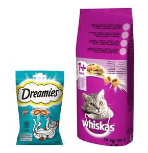 Karma dla kota WHISKAS Wołowina 14 kg + Przysmak dla kota DREAMIES Łosoś 60 g