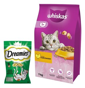 Karma dla kota WHISKAS Kurczak 7 kg + Przysmak dla kota DREAMIES z Nutą Kocimiętki 60 g