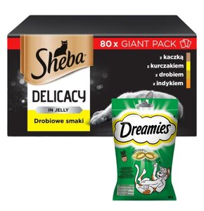 Karma dla kota SHEBA Drobiowe smaki (80 x 85 g) + Przysmak dla kota DREAMIES z Nutą Kocimiętki 60 g