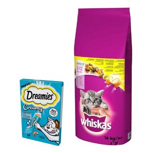 Karma dla kota WHISKAS Junior Kurczak 14 kg + Przysmak dla kota DREAMIES Creamy Łosoś (4 x 10 g)
