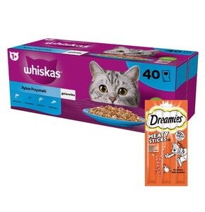 Karma dla kota WHISKAS Rybne Przysmaki (40 x 85 g) + Przysmak dla kota DREAMIES Meaty Sticks Kurczak 30 g