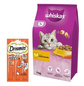 Karma dla kota WHISKAS Kurczak 7 kg + Przysmak dla kota DREAMIES Meaty Sticks Kurczak 30 g