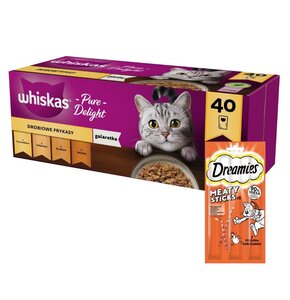Karma dla kota WHISKAS Drobiowe smaki (40 x 85 g) + Przysmak dla kota DREAMIES Meaty Sticks Kurczak 30 g