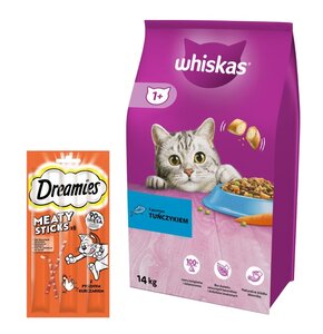 Karma dla kota WHISKAS Tuńczyk z warzywami 14 kg + Przysmak dla kota DREAMIES Meaty Sticks Kurczak 30 g