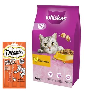 Karma dla kota WHISKAS Kurczak 14 kg + Przysmak dla kota DREAMIES Meaty Sticks Kurczak 30 g