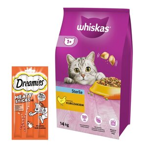 Karma dla kota WHISKAS Sterile Kurczak 14 kg + Przysmak dla kota DREAMIES Meaty Sticks Kurczak 30 g