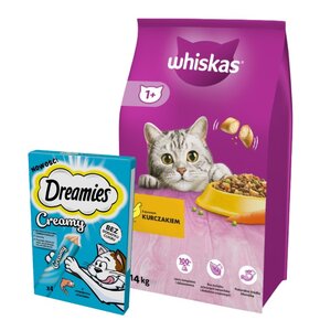 Karma dla kota WHISKAS Kurczak 14 kg + Przysmak dla kota DREAMIES Creamy Łosoś (4 x 10 g)