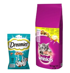 Karma dla kota WHISKAS Junior Kurczak 14 kg + Przysmak dla kota DREAMIES Łosoś 60 g