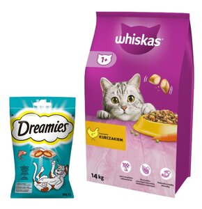 Karma dla kota WHISKAS Kurczak 14 kg + Przysmak dla kota DREAMIES Łosoś 60 g