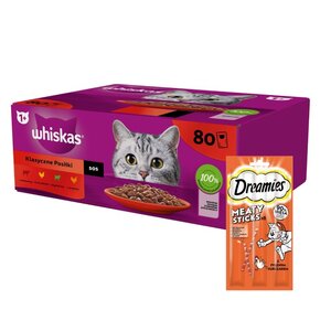 Karma dla kota WHISKAS Mix smaków (80 x 85 g) + Przysmak dla kota DREAMIES Meaty Sticks Kurczak 30 g