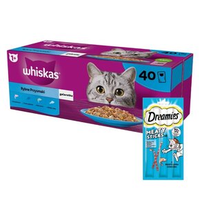 Karma dla kota WHISKAS Rybne Przysmaki (40 x 85 g) + Przysmak dla kota DREAMIES Meaty Sticks z Łososiem 30 g