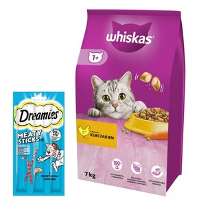 Karma dla kota WHISKAS Kurczak 7 kg + Przysmak dla kota DREAMIES Meaty Sticks z Łososiem 30 g