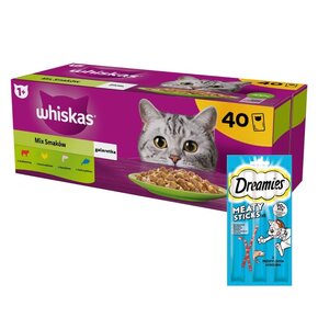 Karma dla kota WHISKAS Mix Smaków (40 x 85 g) + Przysmak dla kota DREAMIES Meaty Sticks z Łososiem 30 g