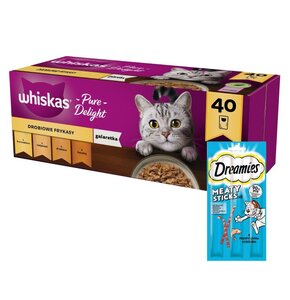 Karma dla kota WHISKAS Drobiowe smaki (40 x 85 g) + Przysmak dla kota DREAMIES Meaty Sticks z Łososiem 30 g